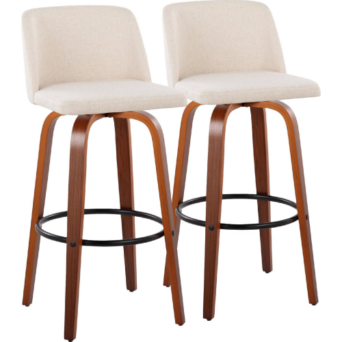 Toriano 24" Swivel Counter Stool in Walnut Wood & Cream Noise Fabric with Black Footrest (Set of 2)